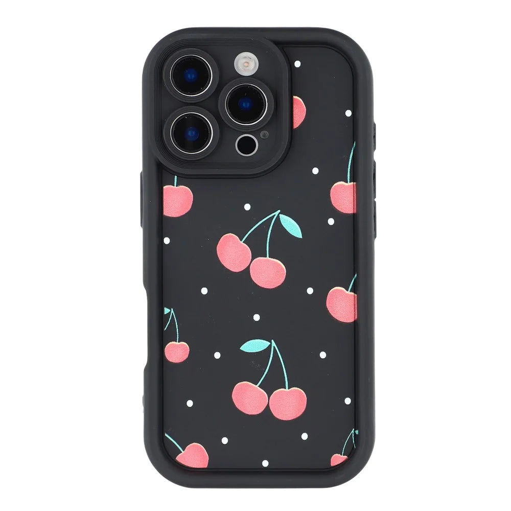 For iPhone 16 Pro Case Aesthetic Pattern Print TPU Shockproof Phone Cover - Cherry / Black - 3