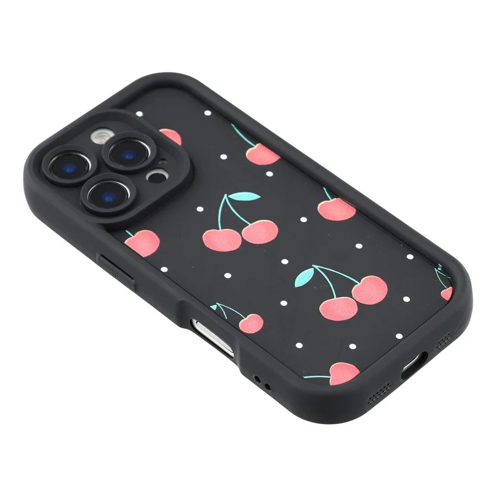 For iPhone 16 Pro Max Case Aesthetic Pattern Print TPU Shockproof Phone Cover - Cherry / Black - 4