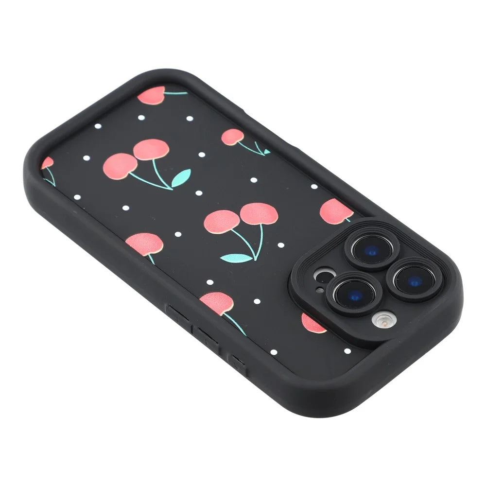 For iPhone 16 Pro Max Case Aesthetic Pattern Print TPU Shockproof Phone Cover - Cherry / Black - 5