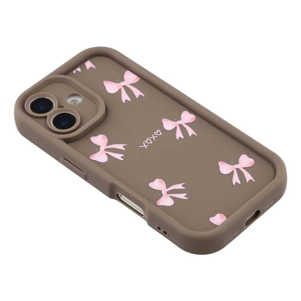 For iPhone 16 Case Aesthetic Pattern Print TPU Shockproof Phone Cover - Bow / Brown - 4