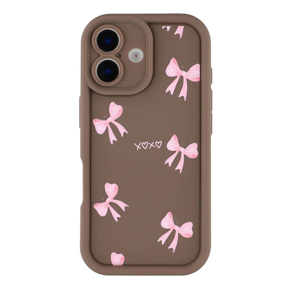 For iPhone 16 Plus Case Aesthetic Pattern Print TPU Shockproof Phone Cover - Bow / Brown - 3