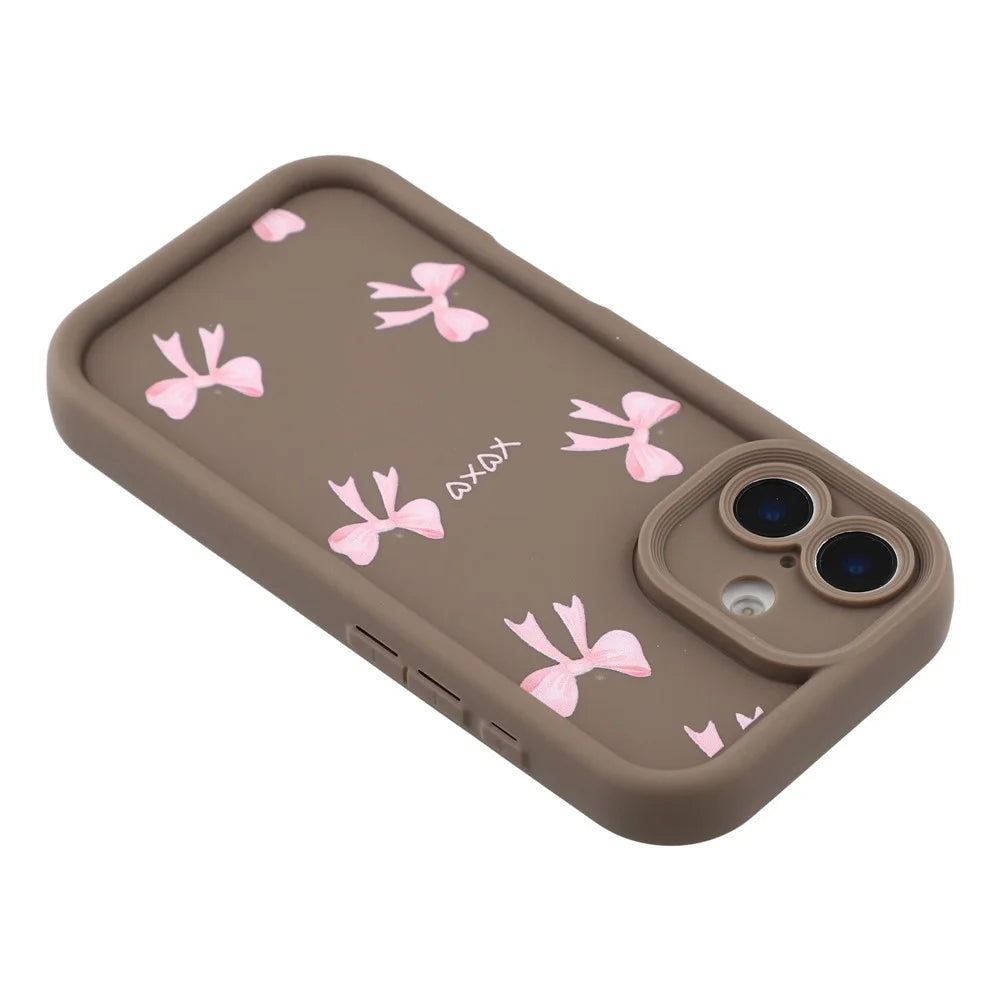 For iPhone 16 Plus Case Aesthetic Pattern Print TPU Shockproof Phone Cover - Bow / Brown - 5