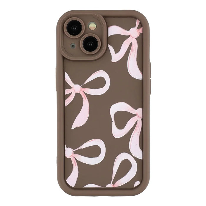 For iPhone 15 Case Aesthetic Pattern Print TPU Shockproof Phone Cover - Big Bow / Brown - 3