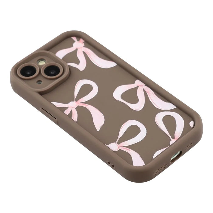 For iPhone 15 Case Aesthetic Pattern Print TPU Shockproof Phone Cover - Big Bow / Brown - 4