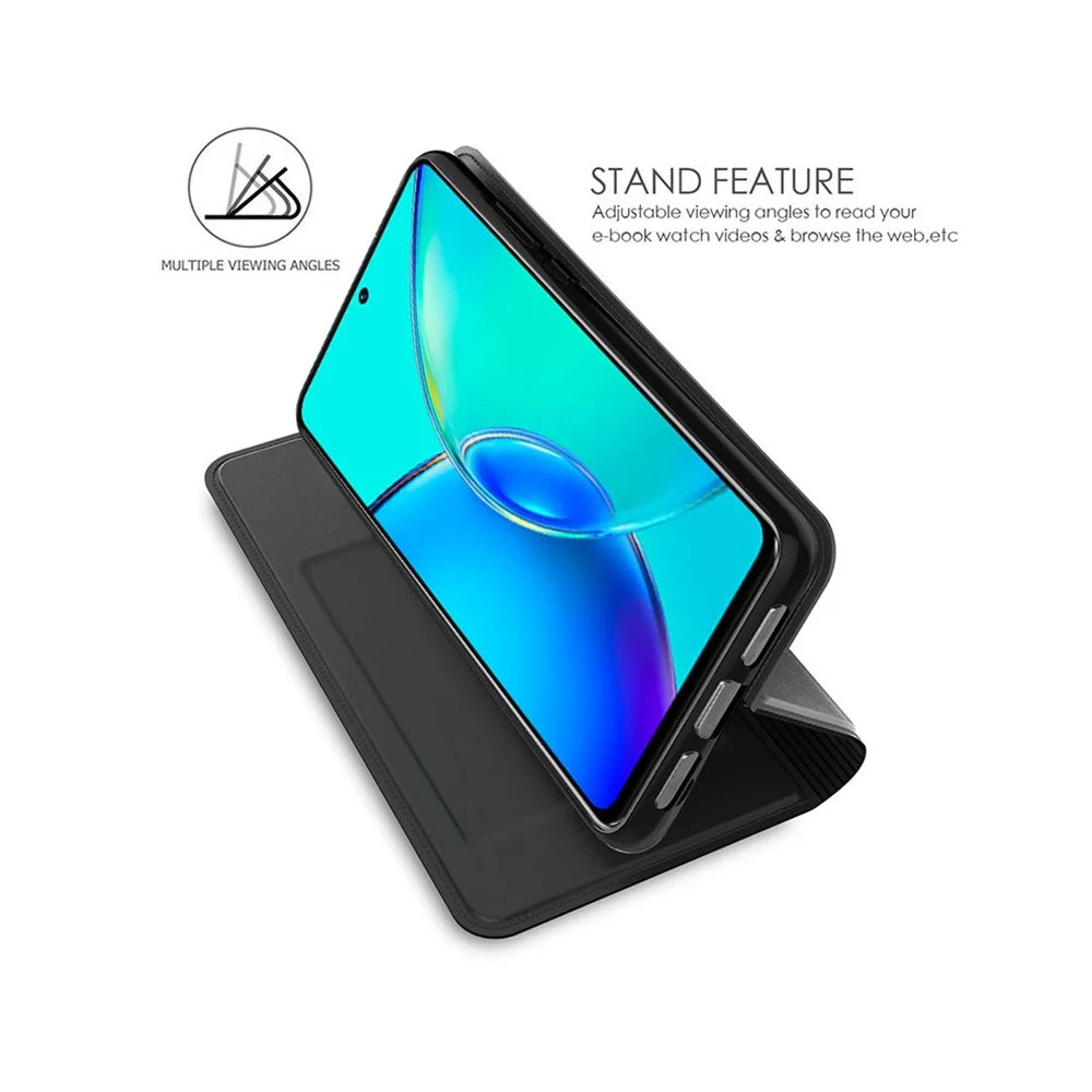 For vivo V60 Lite 5G Case PU Leather Phone Cover with Card Holder Stand - Black - 2