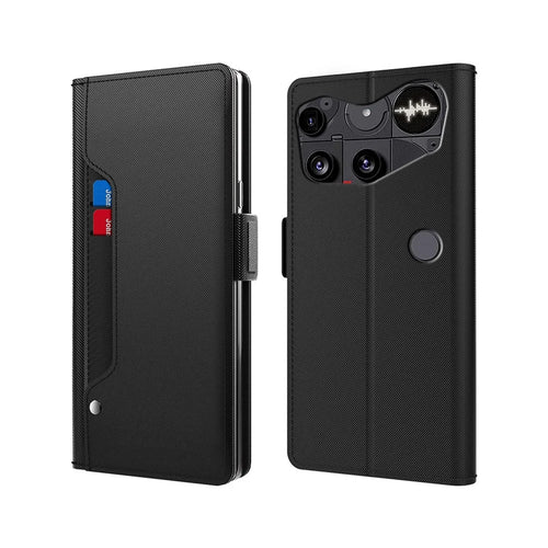For Nothing Phone (3) 5G Case Stand PU Leather Phone Cover Card Holder Mirror - Black - 1