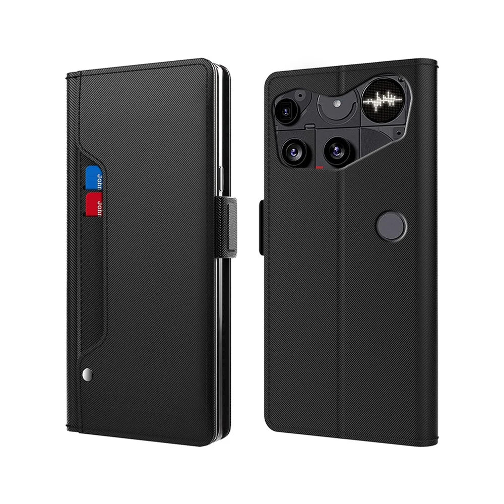 For Nothing Phone (3) 5G Case Stand PU Leather Phone Cover Card Holder Mirror - Black - 1