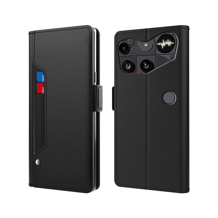 For Nothing Phone (3) 5G Case Stand PU Leather Phone Cover Card Holder Mirror - Black - 1