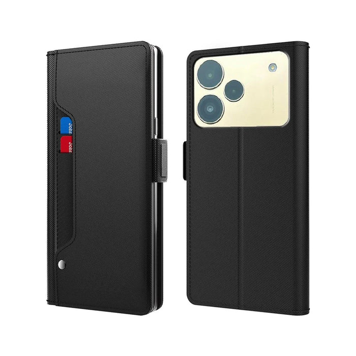 For Realme P4 5G Case Stand PU Leather Phone Cover Card Holder Mirror - Black - 1