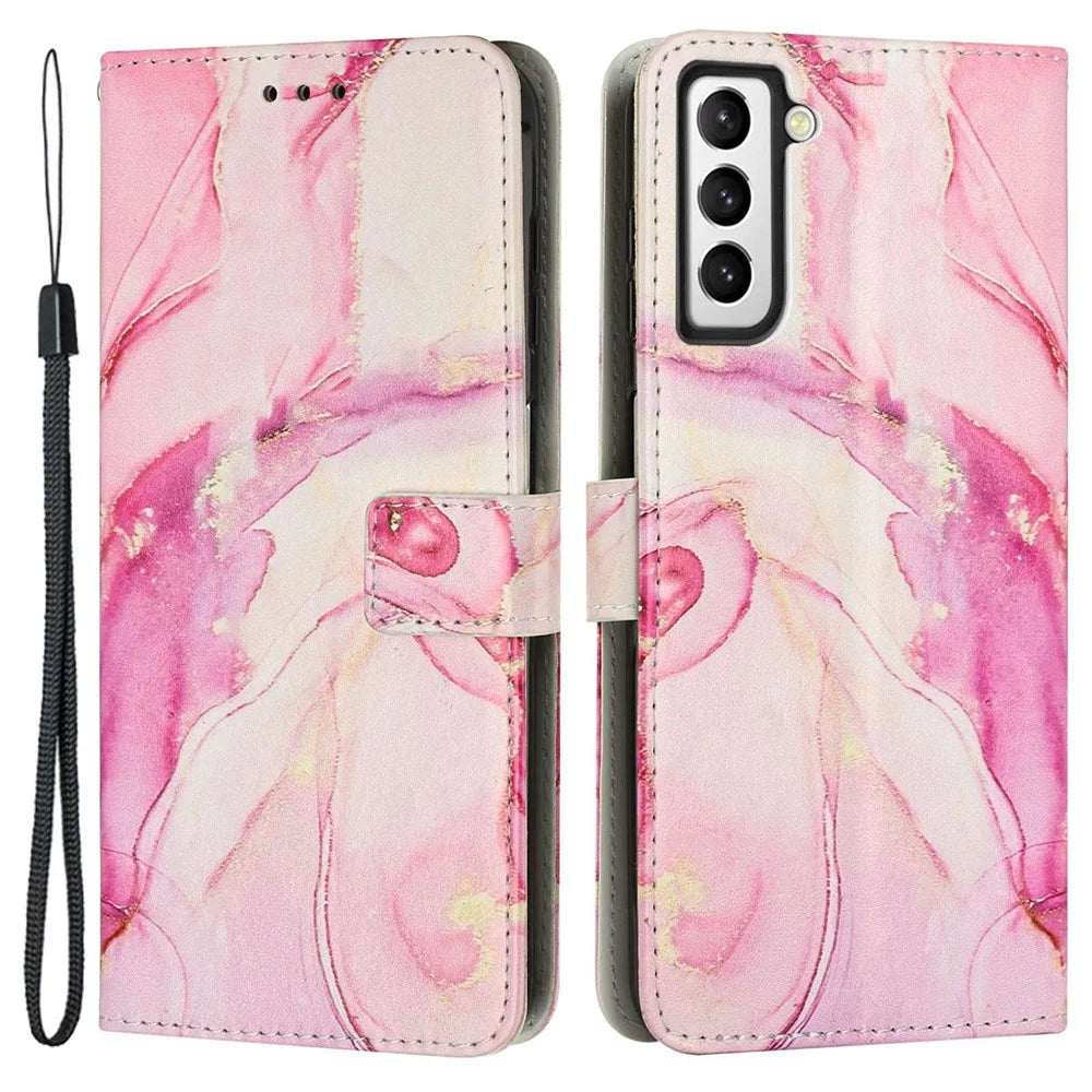 Marble Pattern Printing Phone Cover For Samsung Galaxy S23, PU Leather Foldable Stand Flip Wallet Case with Strap - Rose Gold - 1