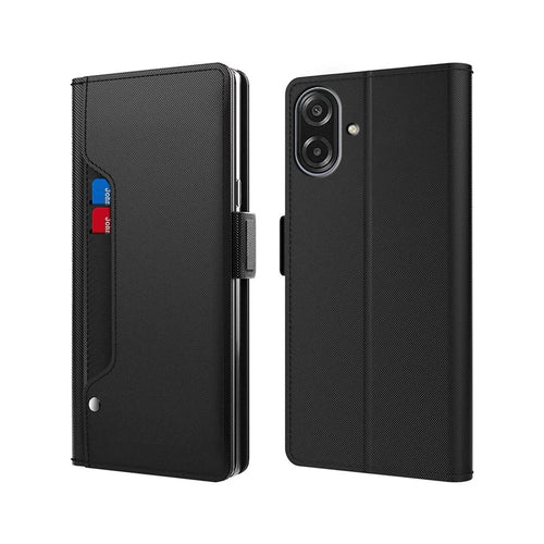 For Samsung Galaxy A08 5G / A08 4G / A07 4G Case Stand PU Leather Phone Cover Card Holder Mirror - Black - 1