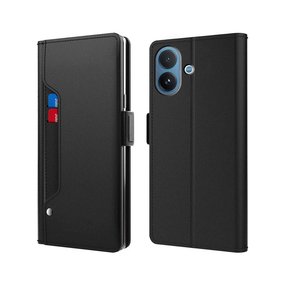 For vivo V60 Lite 5G Case Stand PU Leather Phone Cover Card Holder Mirror - Black - 1