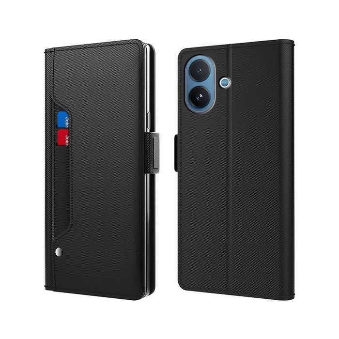 For vivo V60 Lite 5G Case Stand PU Leather Phone Cover Card Holder Mirror - Black - 1