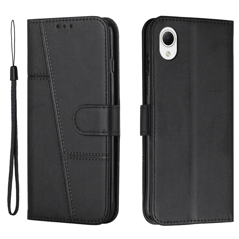 For Samsung Galaxy A23e / A23s Stitching PU Leather Stand Case Shockproof Wallet Inner TPU Phone Cover with Strap - Black - 1