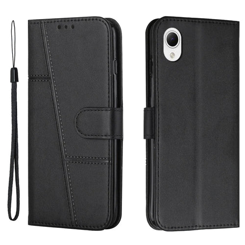 For Samsung Galaxy A23e / A23s Stitching PU Leather Stand Case Shockproof Wallet Inner TPU Phone Cover with Strap - Black - 1
