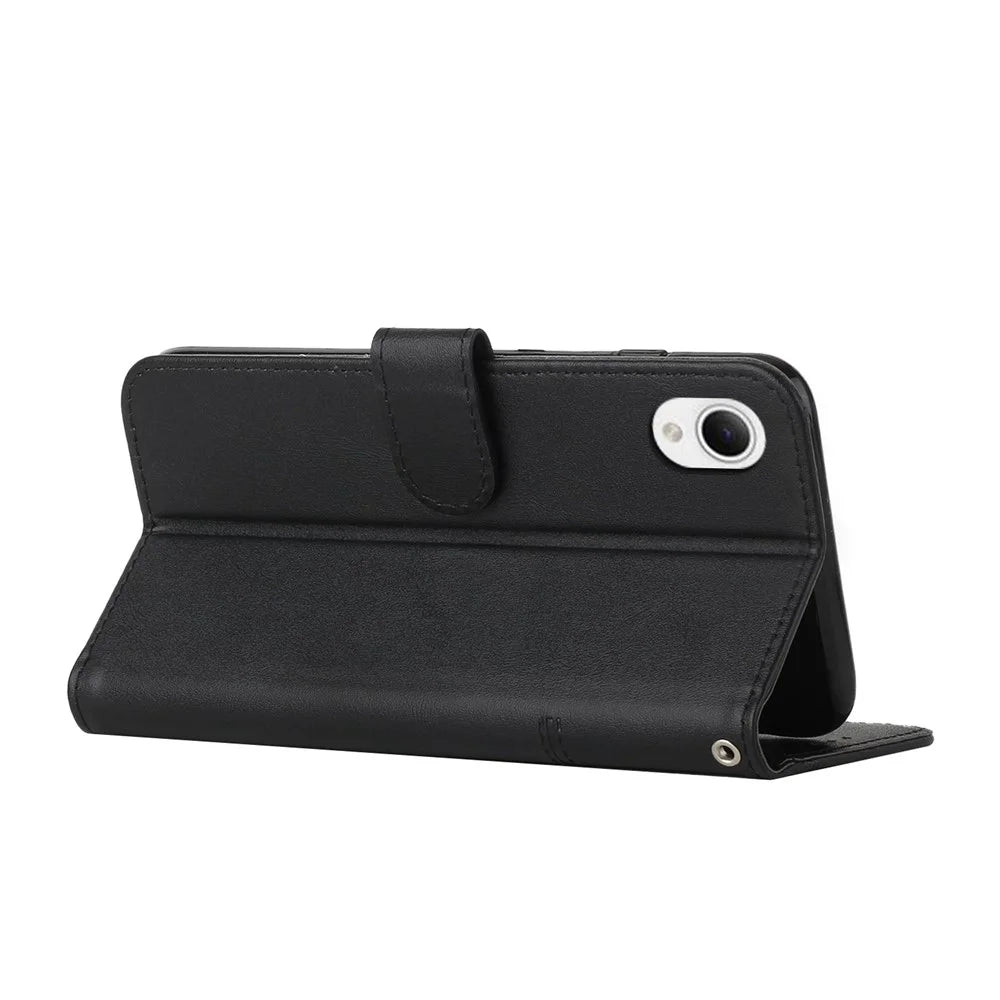 For Samsung Galaxy A23e / A23s Stitching PU Leather Stand Case Shockproof Wallet Inner TPU Phone Cover with Strap - Black - 3