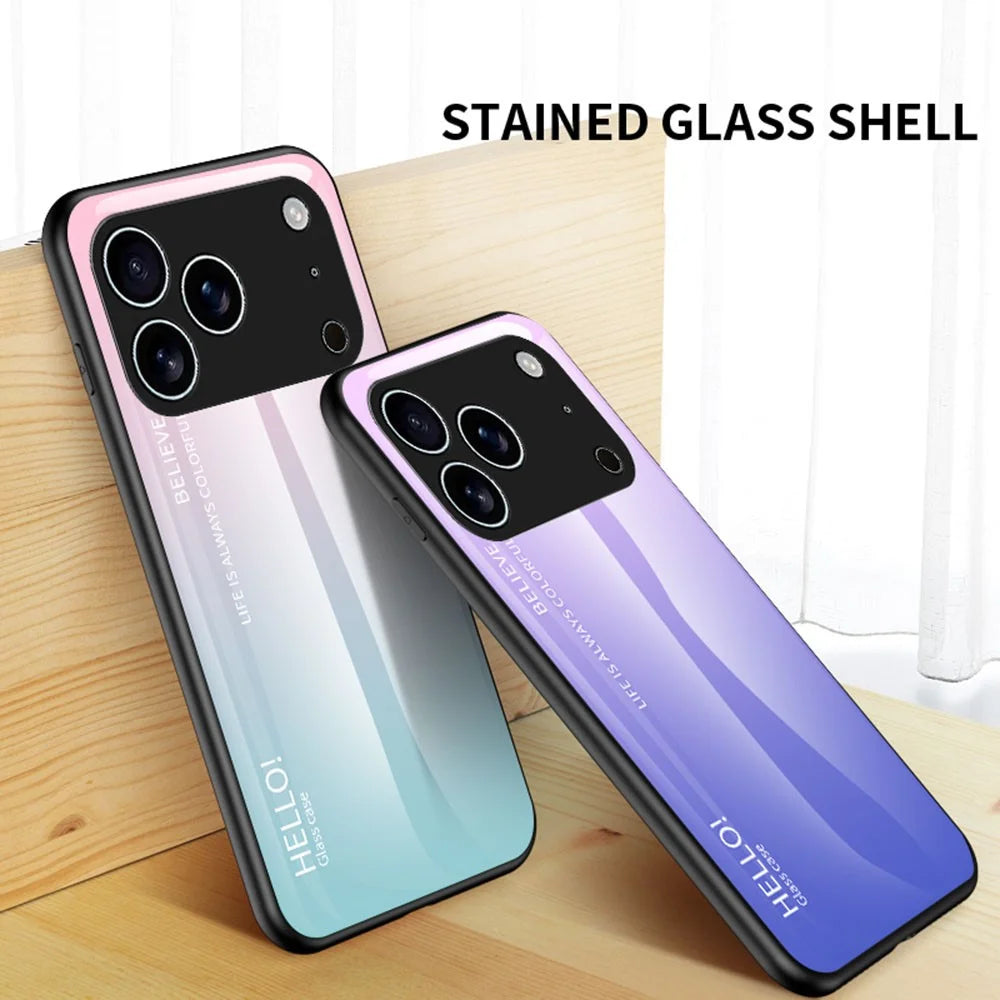 For iPhone 17 Pro Case Anti-Scratch Tempered Glass + PC + TPU Phone Cover - Gradient Pink Blue - 4
