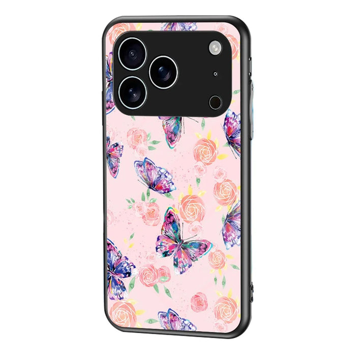 For iPhone 17 Pro Case Butterfly Pattern TPU + Tempered Glass Protective Phone Cover - Rose Butterfly - 1