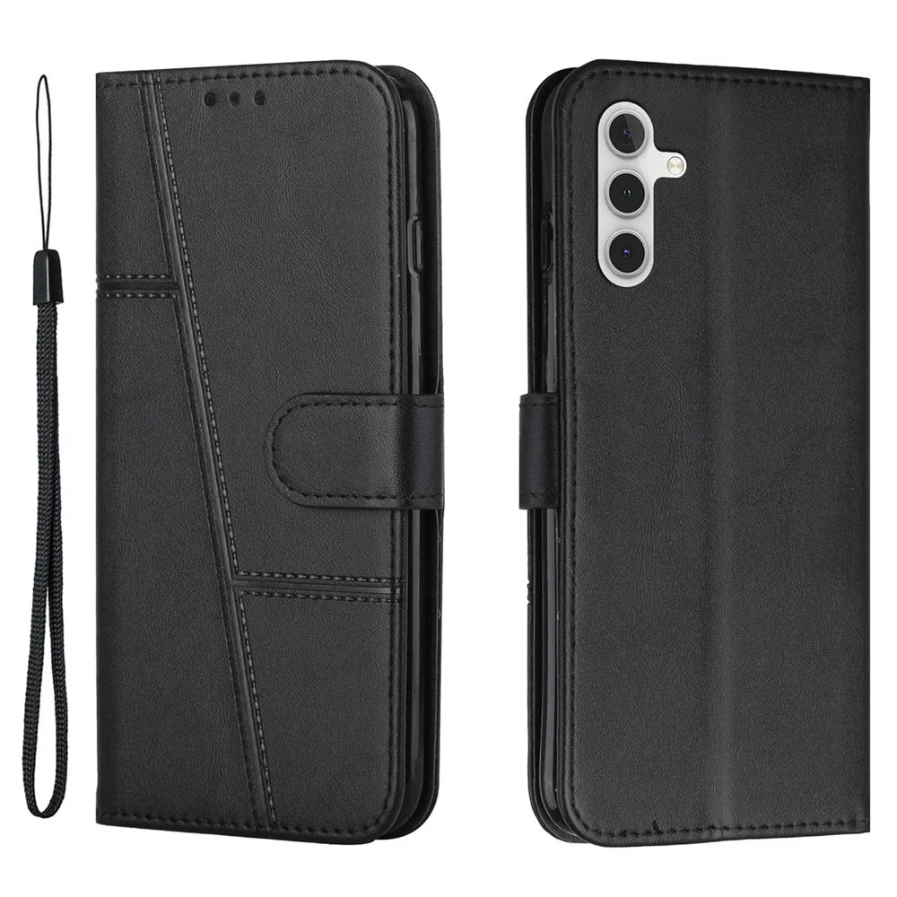 For Samsung Galaxy A14 5G / 4G Stitching PU Leather Magnetic Clasp Phone Case Wallet Viewing Stand Folio Flip Cover with Strap - Black - 1