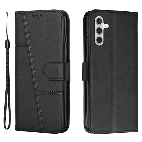 For Samsung Galaxy A14 5G / 4G Stitching PU Leather Magnetic Clasp Phone Case Wallet Viewing Stand Folio Flip Cover with Strap - Black - 1