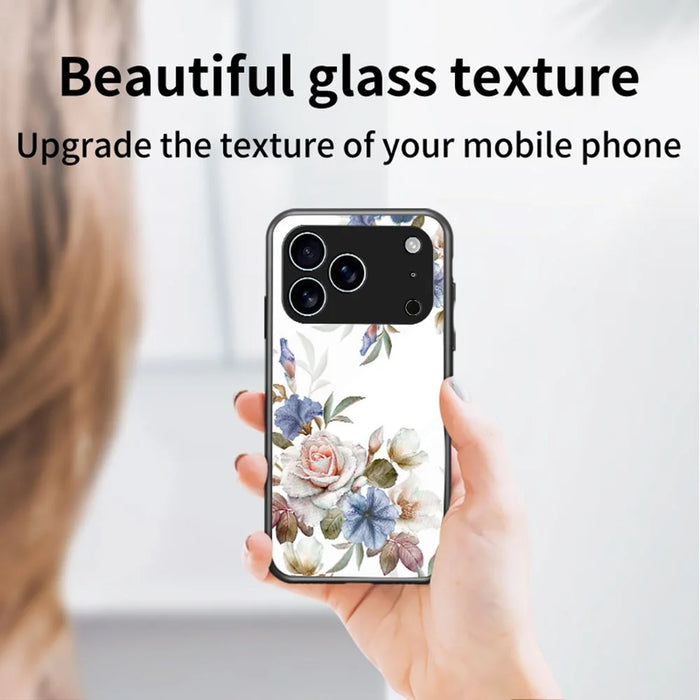 For iPhone 17 Pro Case Floral Pattern TPU + Tempered Glass Protective Phone Cover - White FlowerBush - 2