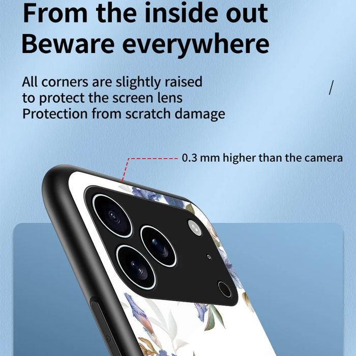 For iPhone 17 Pro Case Floral Pattern TPU + Tempered Glass Protective Phone Cover - White FlowerBush - 3