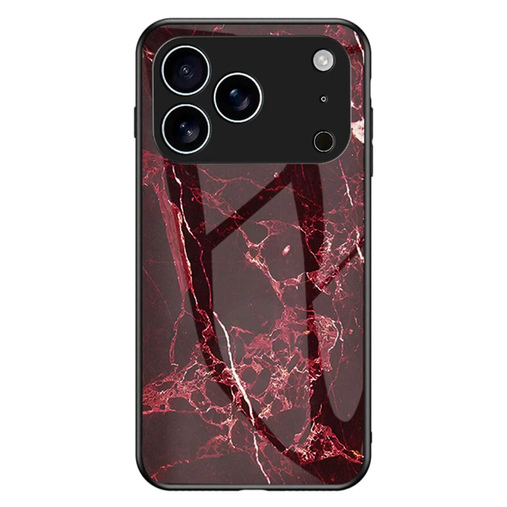 For iPhone 17 Pro Case Marble Pattern Tempered Glass+PC+TPU Protective Phone Cover - Blood Red Marble - 1