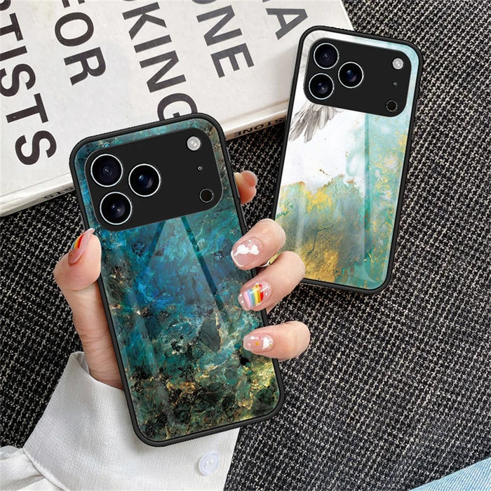 For iPhone 17 Pro Case Marble Pattern Tempered Glass+PC+TPU Protective Phone Cover - Blood Red Marble - 5