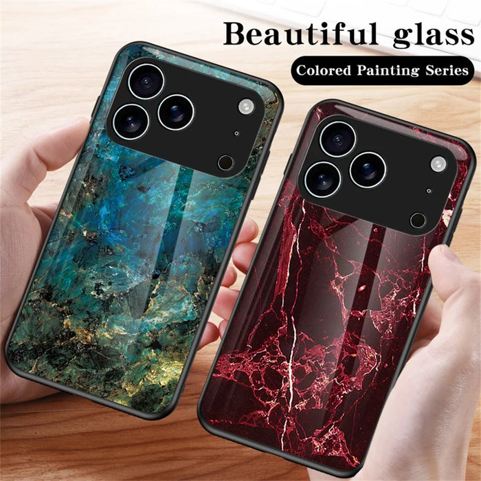 For iPhone 17 Pro Case Marble Pattern Tempered Glass+PC+TPU Protective Phone Cover - Blood Red Marble - 6