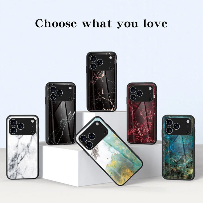 For iPhone 17 Pro Case Marble Pattern Tempered Glass+PC+TPU Protective Phone Cover - Blood Red Marble - 7