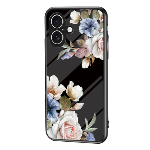 For iPhone 17 Case Floral Pattern TPU + Tempered Glass Protective Phone Cover - Black Flower Bush - 1