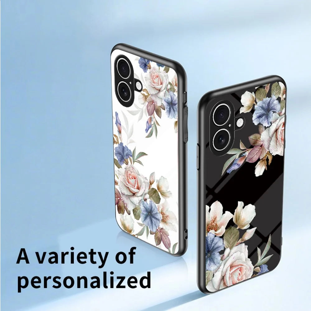 For iPhone 17 Case Floral Pattern TPU + Tempered Glass Protective Phone Cover - Black Flower Bush - 2