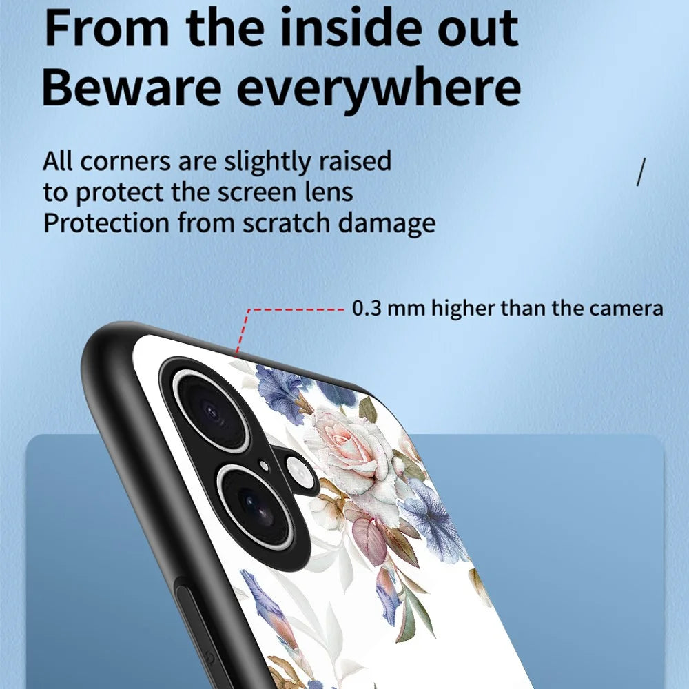 For iPhone 17 Case Floral Pattern TPU + Tempered Glass Protective Phone Cover - Black Flower Bush - 3