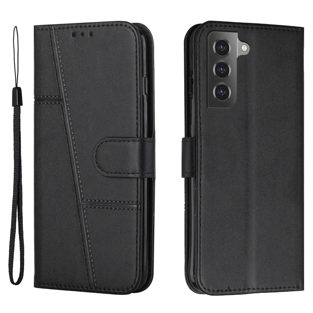 For Samsung Galaxy S23+ PU Leather Phone Case Stitching Design Drop-proof Stand Wallet Cover with Strap - Black - 1