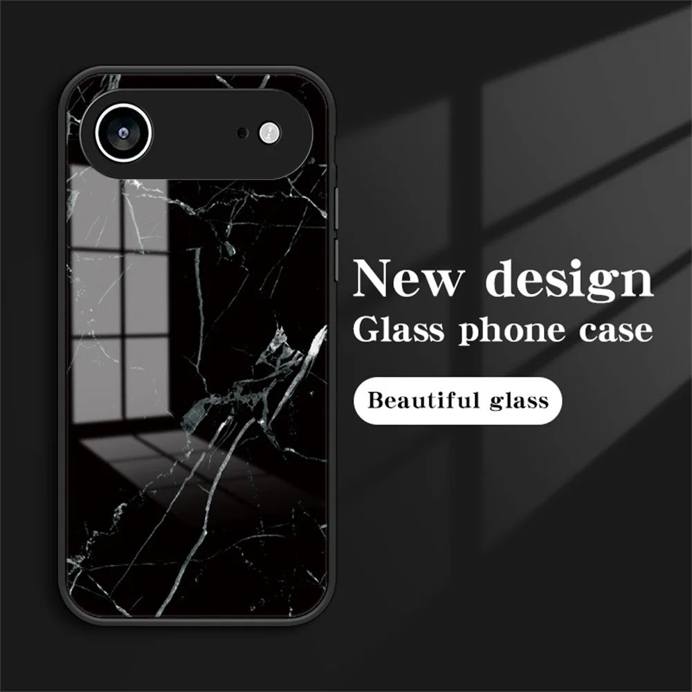 For iPhone Air Case Marble Pattern Tempered Glass+PC+TPU Protective Phone Cover - Gold Black Marble - 3