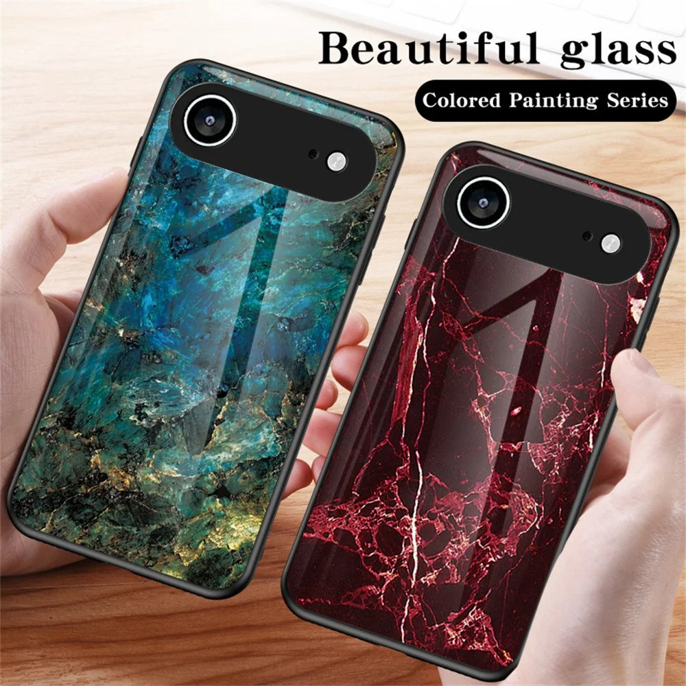 For iPhone Air Case Marble Pattern Tempered Glass+PC+TPU Protective Phone Cover - Gold Black Marble - 6