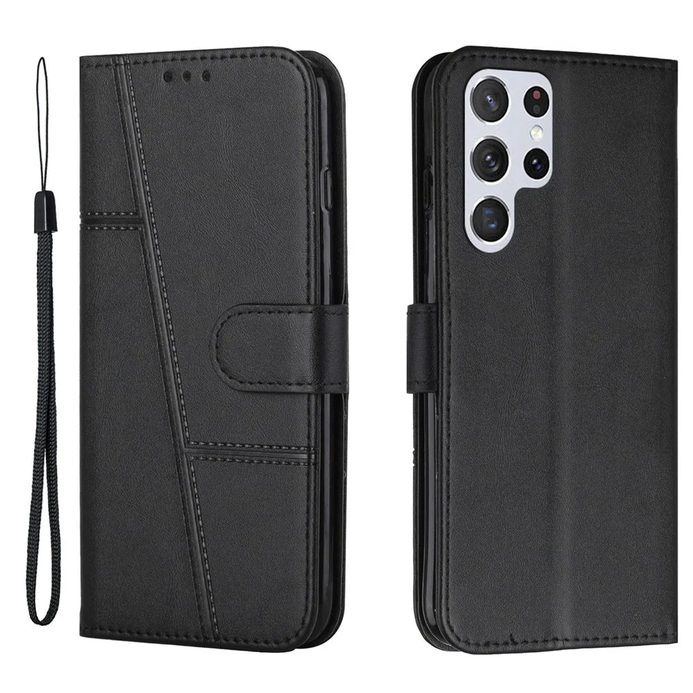 For Samsung Galaxy S23 Ultra Stitching PU Leather Wallet Case Full Protection Folio Flip Phone Stand Cover with Strap - Black - 1