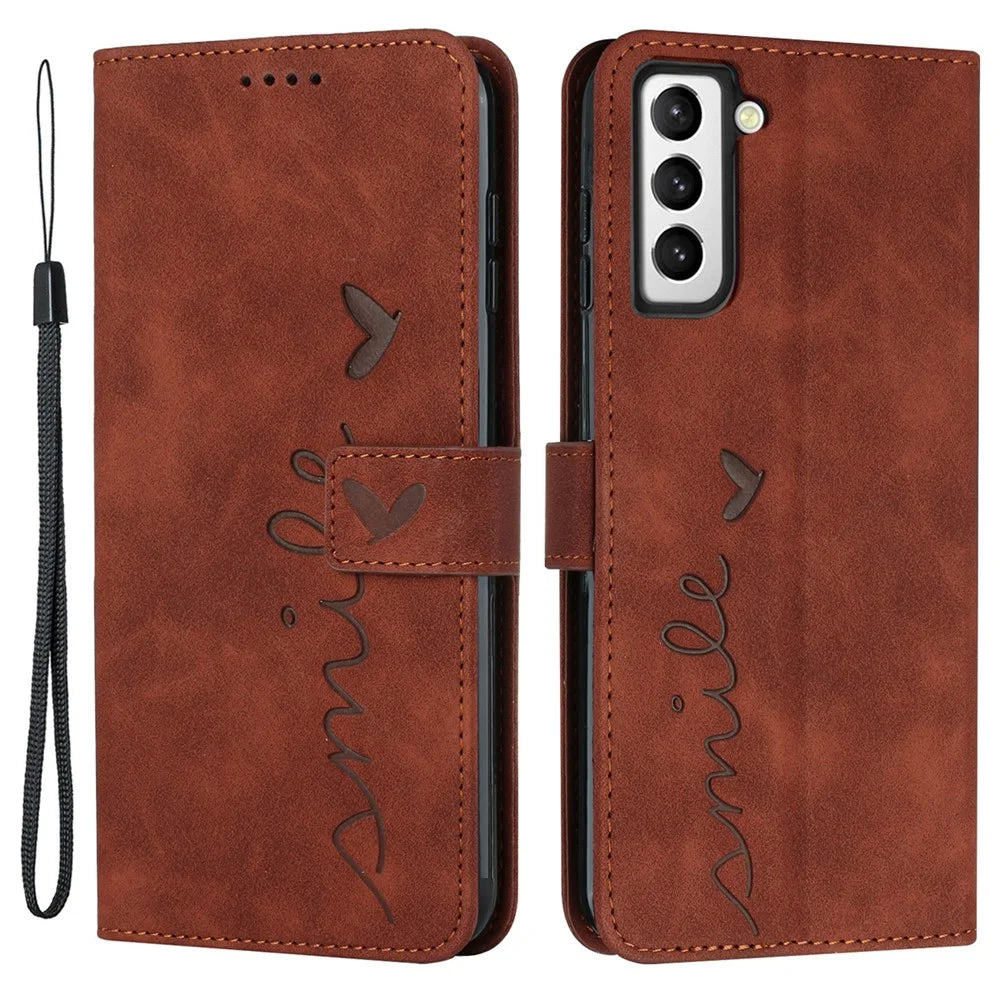 Phone Case Wallet for Samsung Galaxy S23+, Imprinting Heart Shape Skin-touch Feeling PU Leather Stand Flip Mobile Phone Cover - Brown - 1