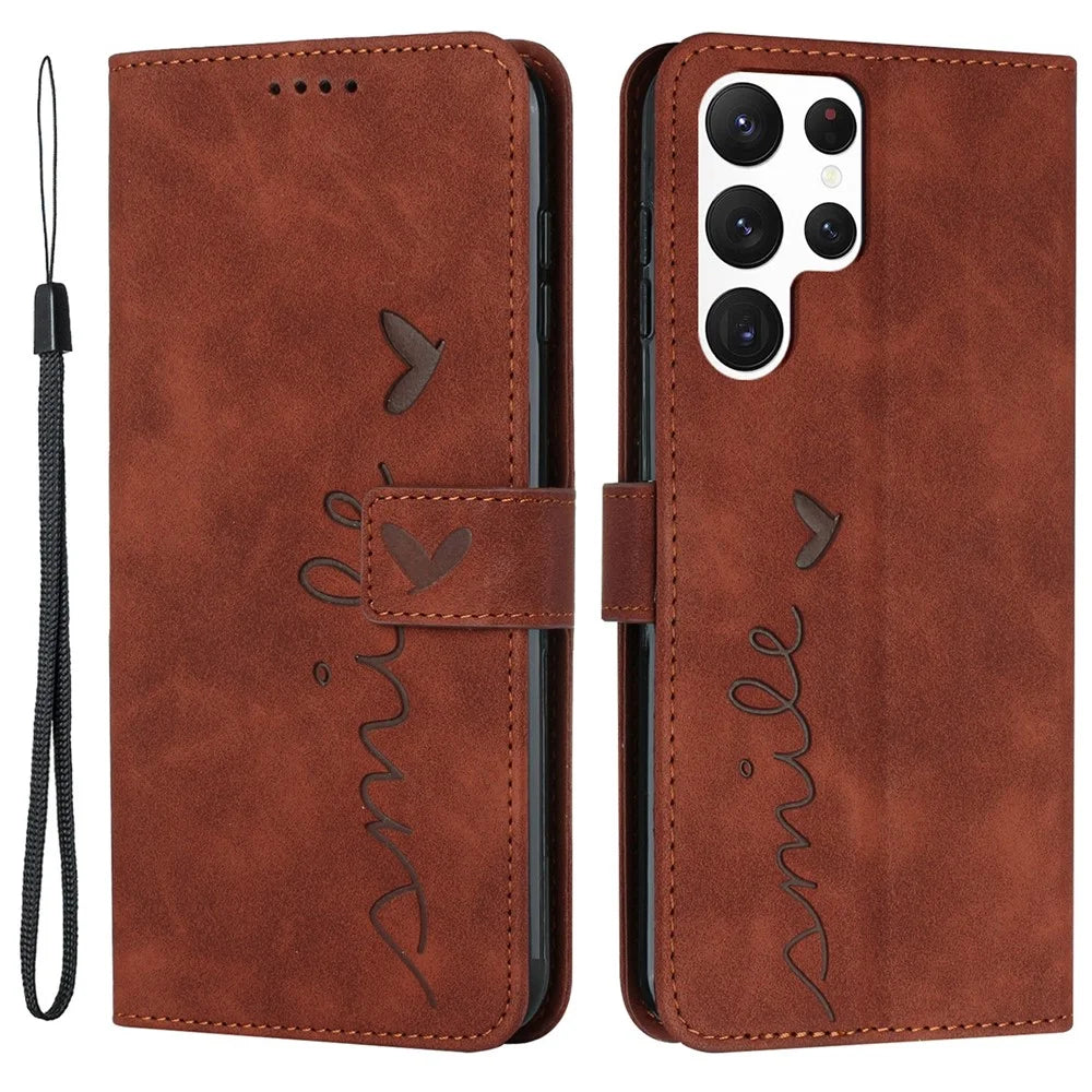 Full Protection Cell Phone Cover For Samsung Galaxy S23 Ultra, Skin-touch PU Leather Heart Shape Imprint Phone Case Flip Stand Wallet - Brown - 1