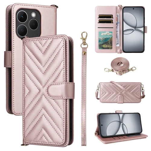 For Realme 15T 5G Case with Shoulder  /  Wrist Strap Leather Phone Cover Stand Wallet - Pink - 1