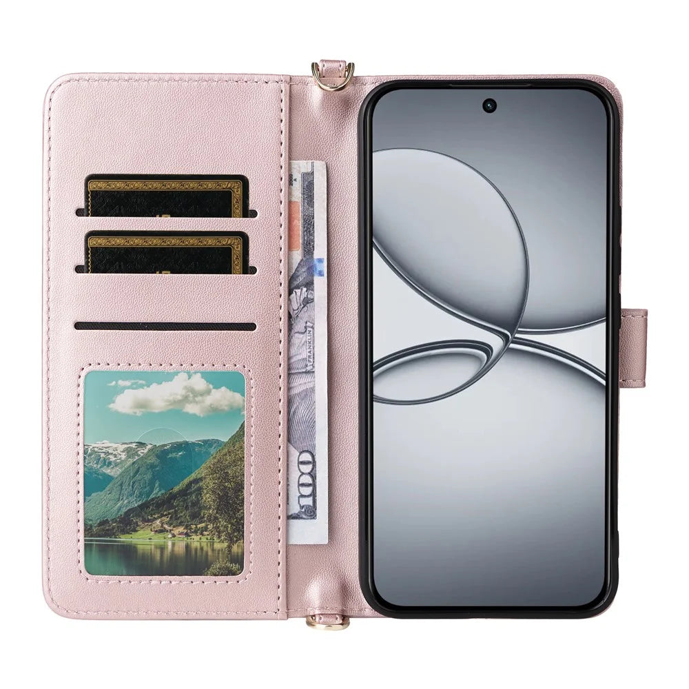 For Realme 15T 5G Case with Shoulder  /  Wrist Strap Leather Phone Cover Stand Wallet - Pink - 3