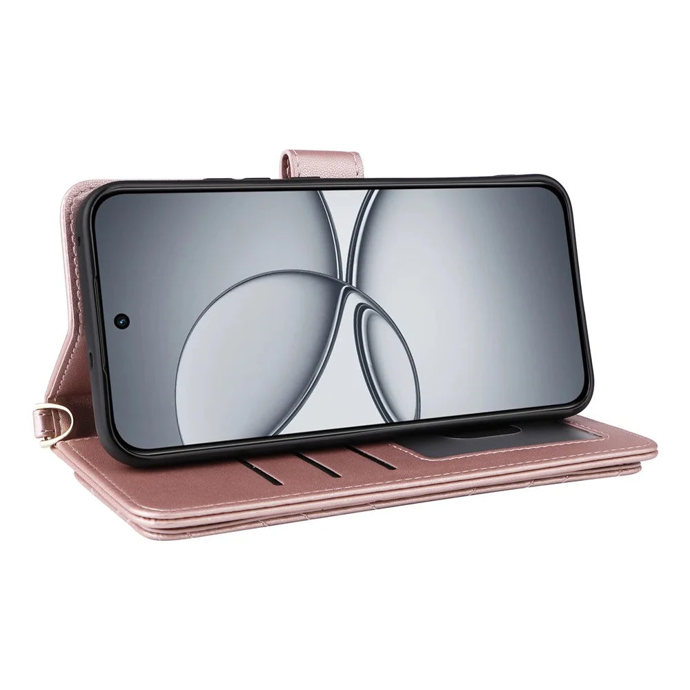 For Realme 15T 5G Case with Shoulder  /  Wrist Strap Leather Phone Cover Stand Wallet - Pink - 5