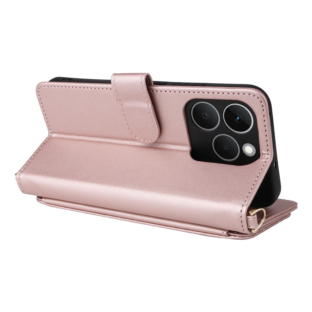 For Realme 15T 5G Case with Shoulder  /  Wrist Strap Leather Phone Cover Stand Wallet - Pink - 6