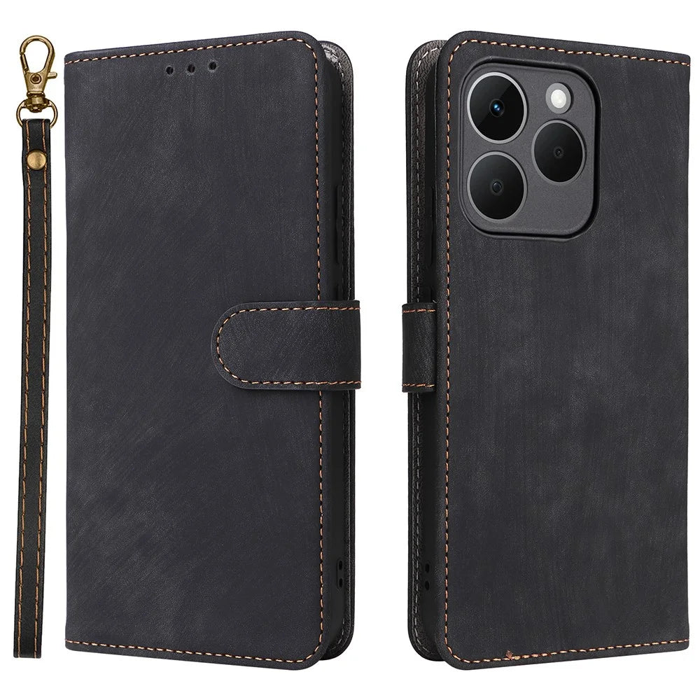 For Realme 15T 5G Case Wallet RFID Blocking PU Leather Phone Cover Stand with Strap - Black - 1