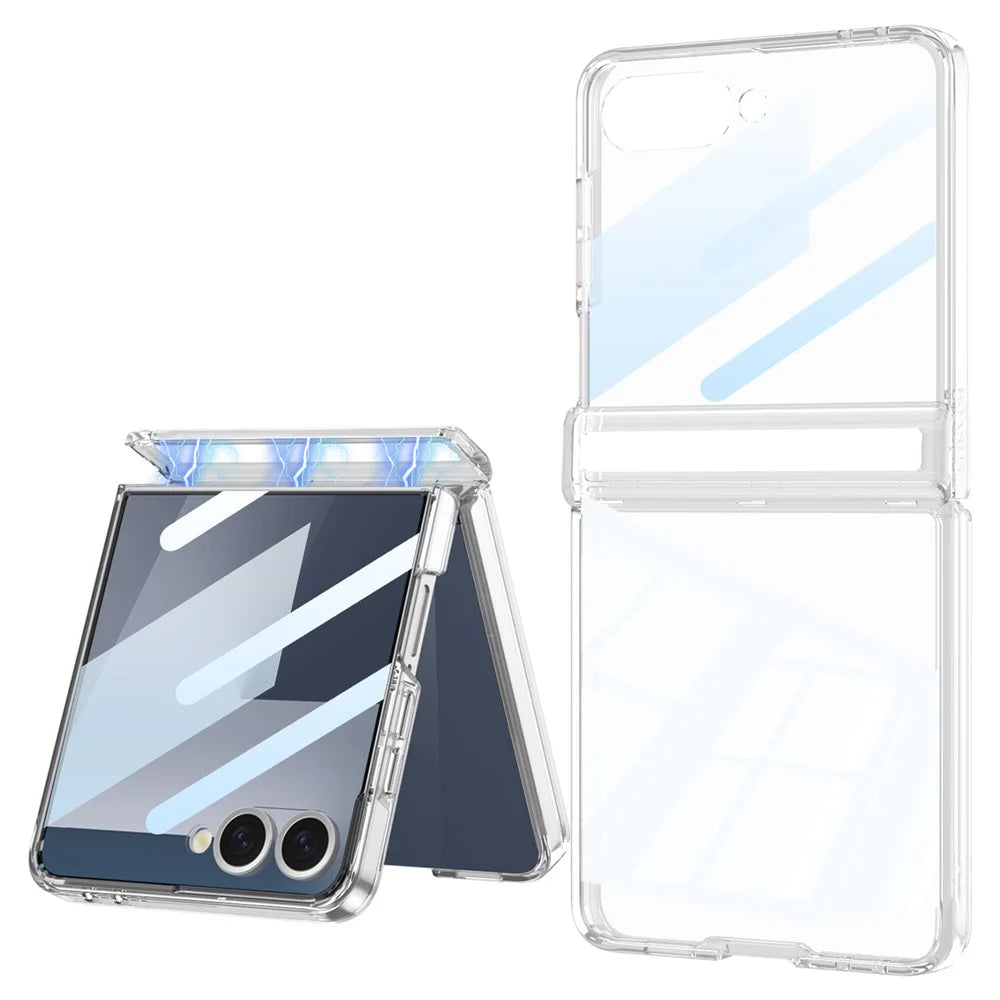 GKK For Samsung Galaxy Z Flip7 5G Case Magnetic Hinge Airbag Hard PC Phone Cover with Tempered Glass Film - Transparent - 1