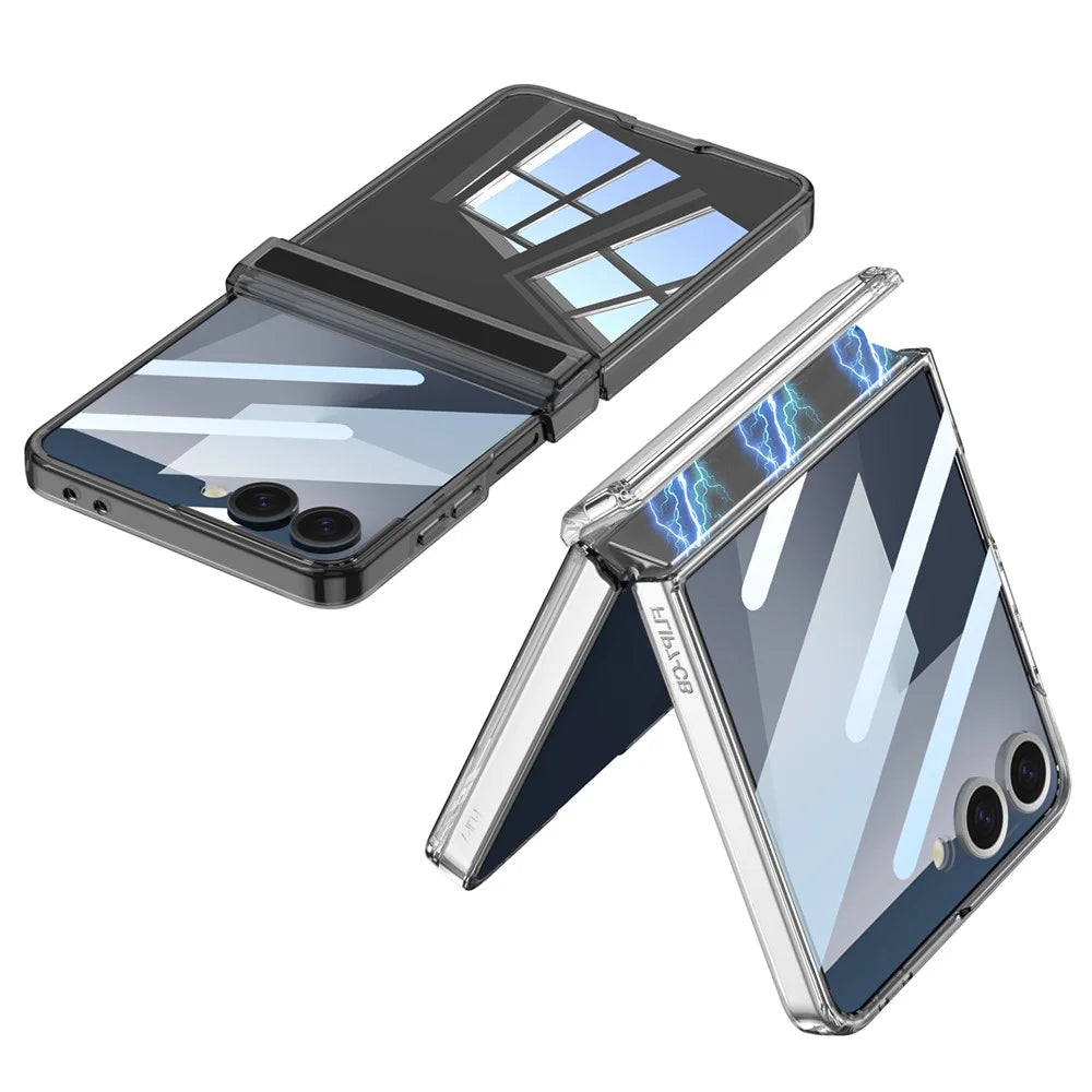 GKK For Samsung Galaxy Z Flip7 5G Case Magnetic Hinge Airbag Hard PC Phone Cover with Tempered Glass Film - Transparent - 7