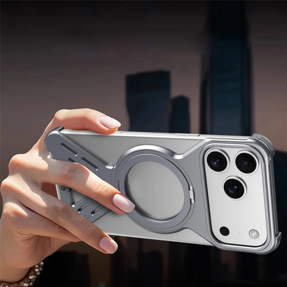 For iPhone 17 Pro Bumper Case Compatible with MagSafe Rotating Kickstand Metal Phone Cover - Grey - 3