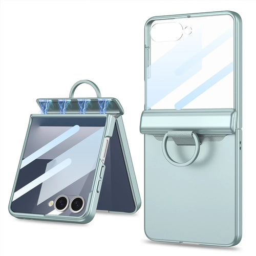GKK For Samsung Galaxy Z Flip7 5G Case Magnetic Hinge Hard PC Phone Cover with Ring Holder / Tempered Glass Film - Green - 1