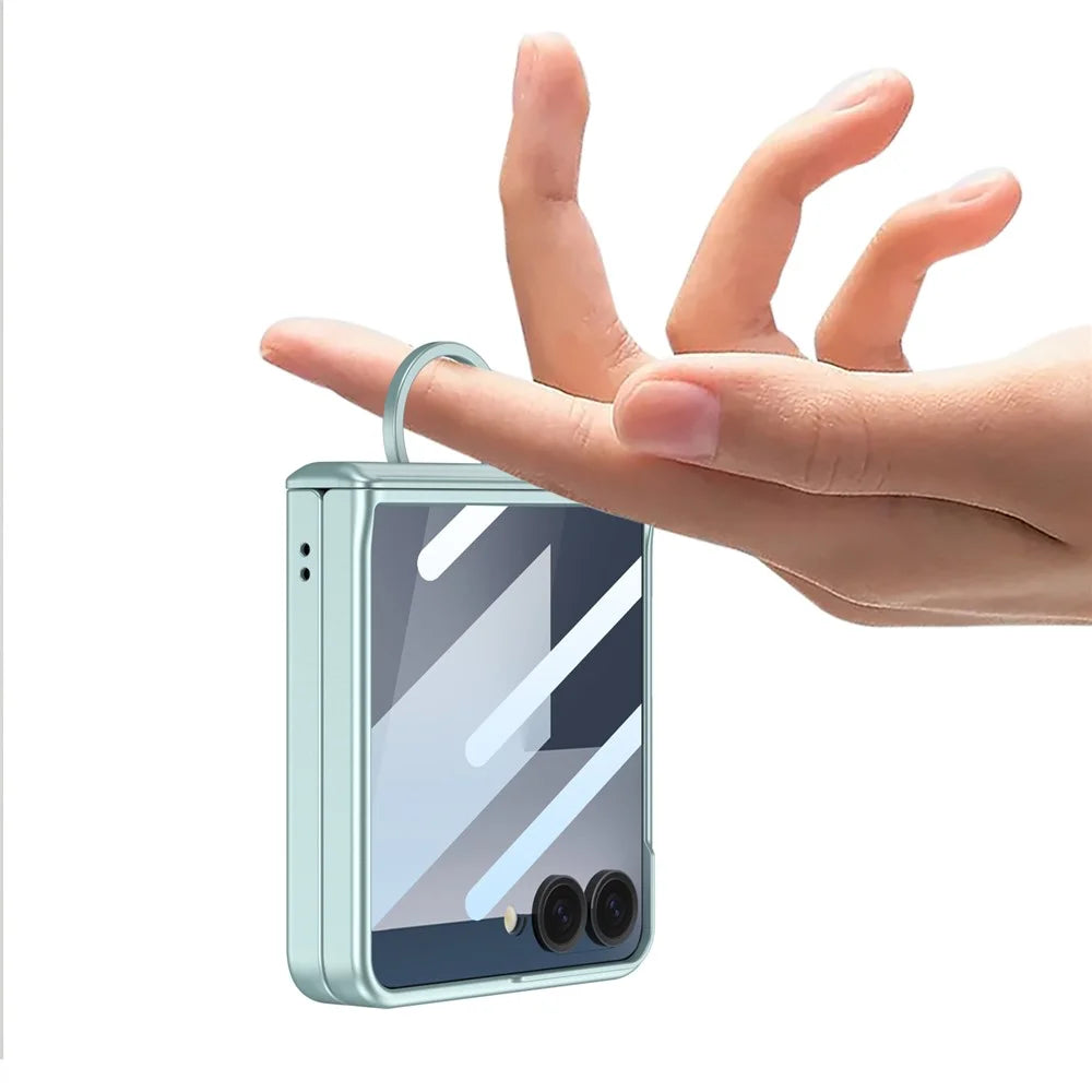 GKK For Samsung Galaxy Z Flip7 5G Case Magnetic Hinge Hard PC Phone Cover with Ring Holder / Tempered Glass Film - Green - 2