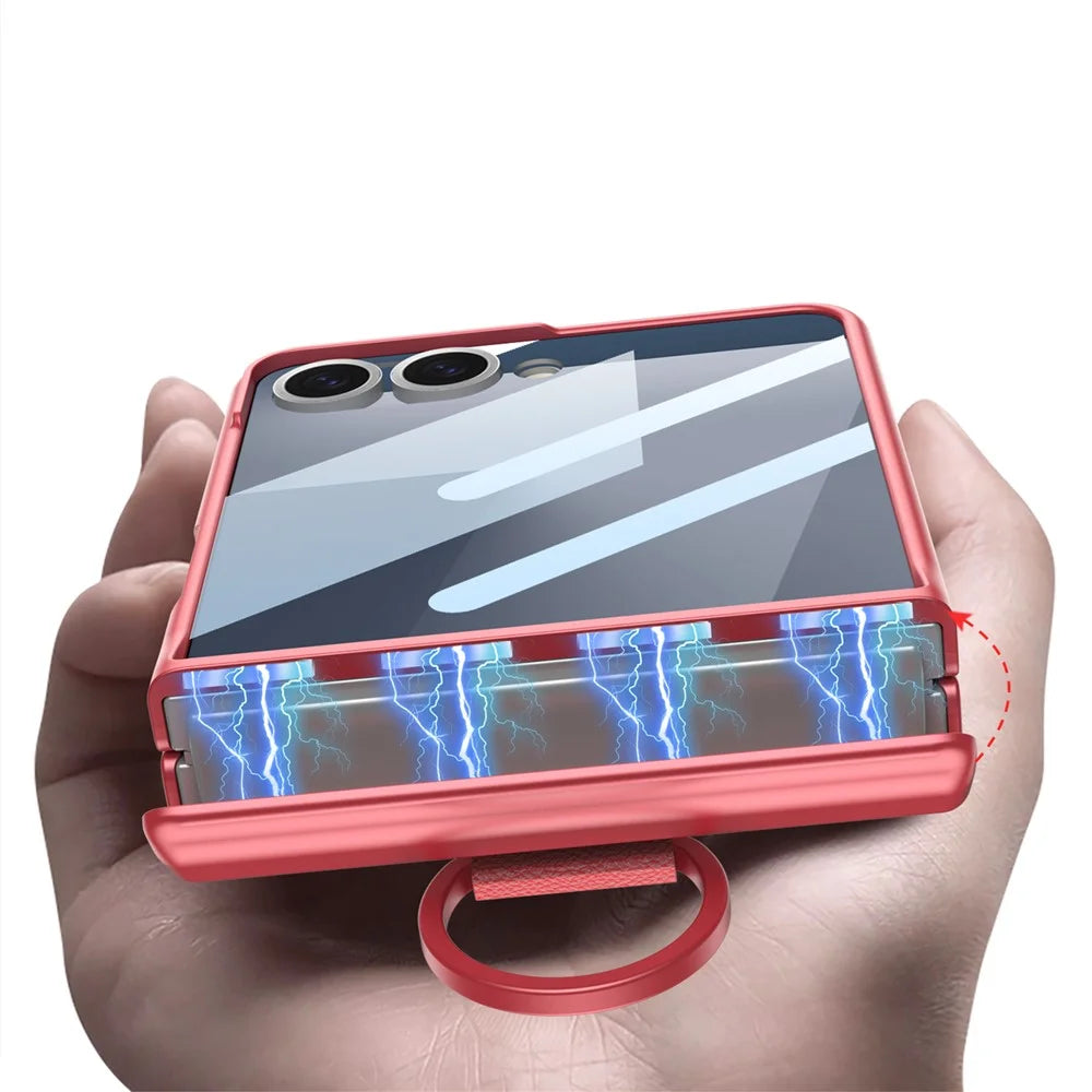 GKK For Samsung Galaxy Z Flip7 5G Case Magnetic Hinge Hard PC Phone Cover with Ring Holder / Tempered Glass Film - Green - 3